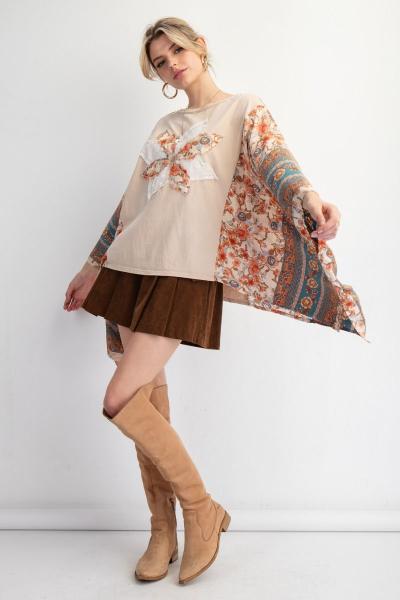 Easel| Print Mix Poncho Top| Natural | S - L - Cowtown Bling N Things