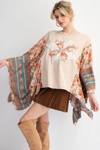 Easel| Print Mix Poncho Top| Natural | S - L - Cowtown Bling N Things