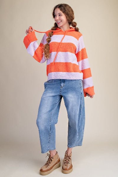 Easel Rugby Stripe Knit Sweater Hoodie | Boutique Cozy Pullover - Cowtown Bling N Things