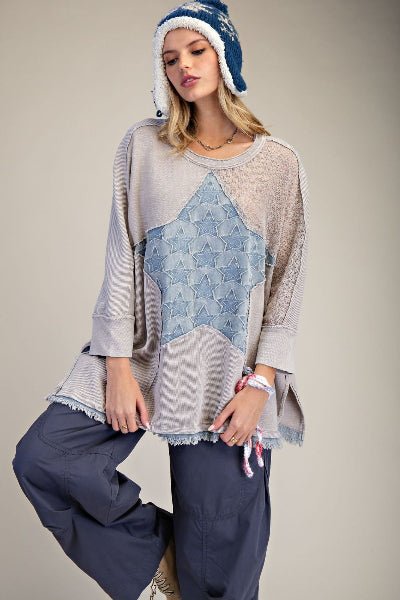 Easel Star Patch Detailing Washed Waffle Knit Top - Cowtown Bling N Things