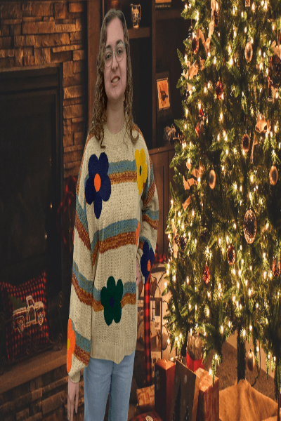 Easel Striped Flower Patch Knit Sweater Pullover – Balloon Sleeve Oversized Knit with Textured Floral Detailing