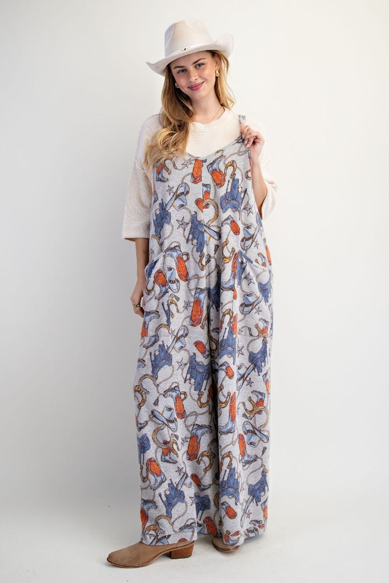 Easel Western Printed Brushed Hacci Jumpsuit - Cowtown Bling N Things