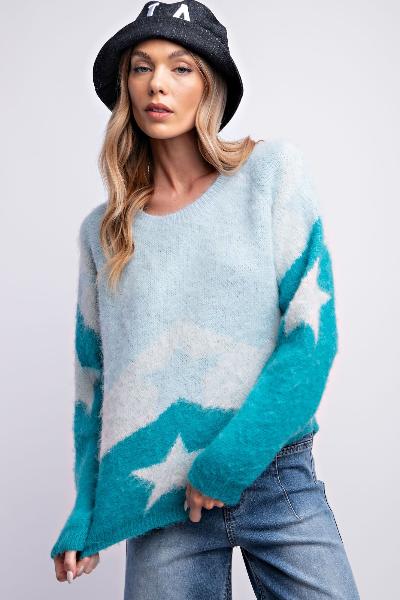 Easel|Star Pattern Sweater| Turquoise Blue| S - L - Cowtown Bling N Things