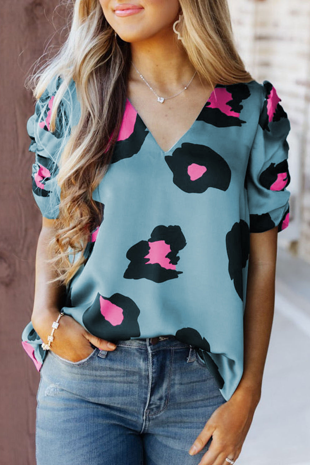 Blue V Neck Ruched Short Sleeve Leopard Print Short Sleeve Blouse - Cowtown Bling N Things