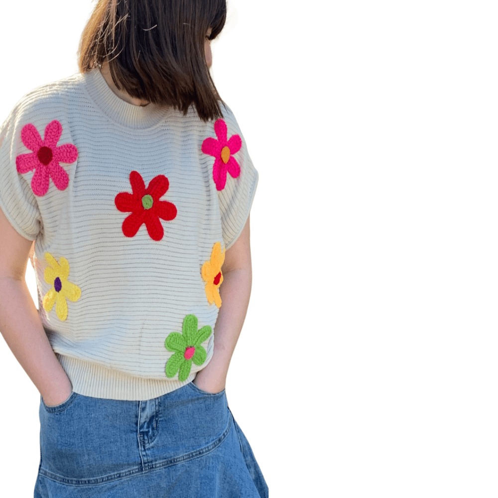 EEsome|Flower Pattern |Short Sleeve Sweater Top|Beige|S - L - Cowtown Bling N Things