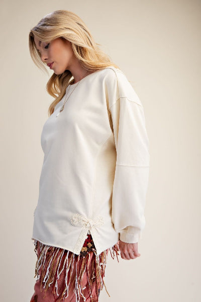 Easel Bow Tape Bottom Washed Terry Pullover