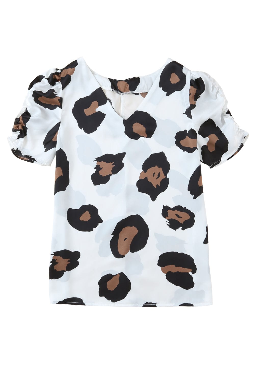 Blue V Neck Ruched Short Sleeve Leopard Print Short Sleeve Blouse - Cowtown Bling N Things
