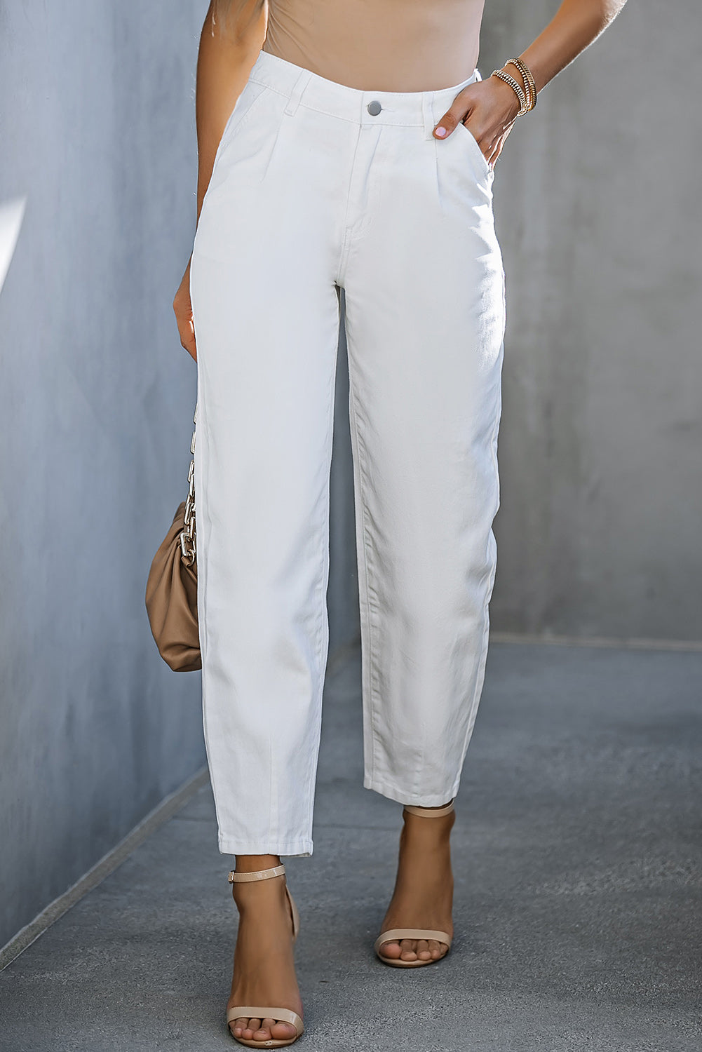 White Solid Casual High Waist Straight Leg Pants - Cowtown Bling N Things