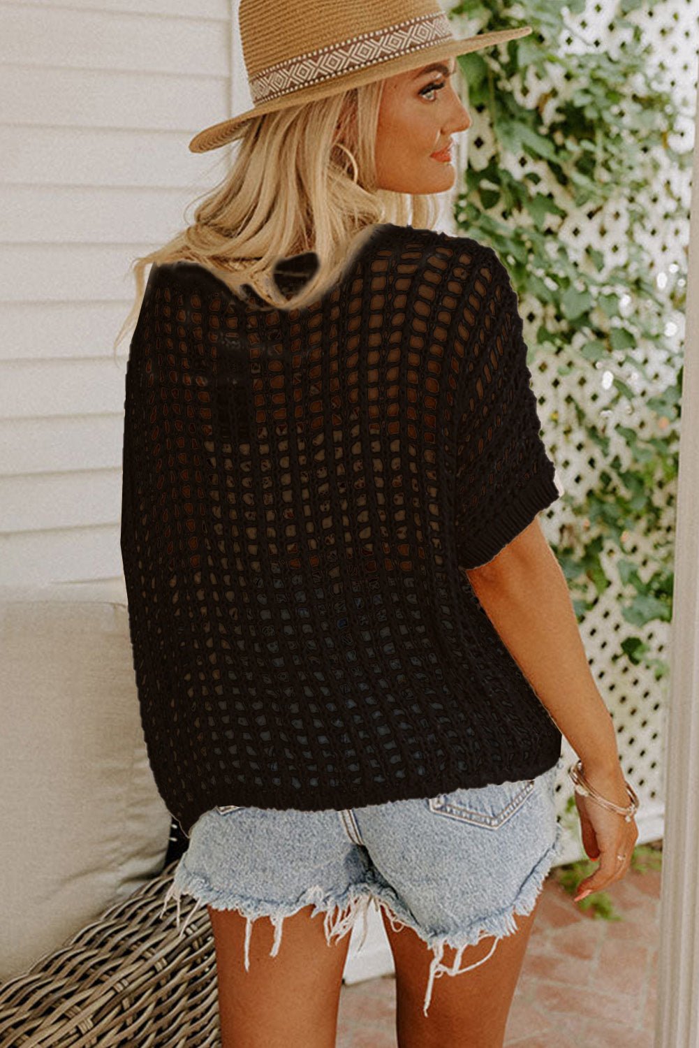 Fishnet Knit Ribbed Round Neck Short Sleeve Tee - Cowtown Bling N Things