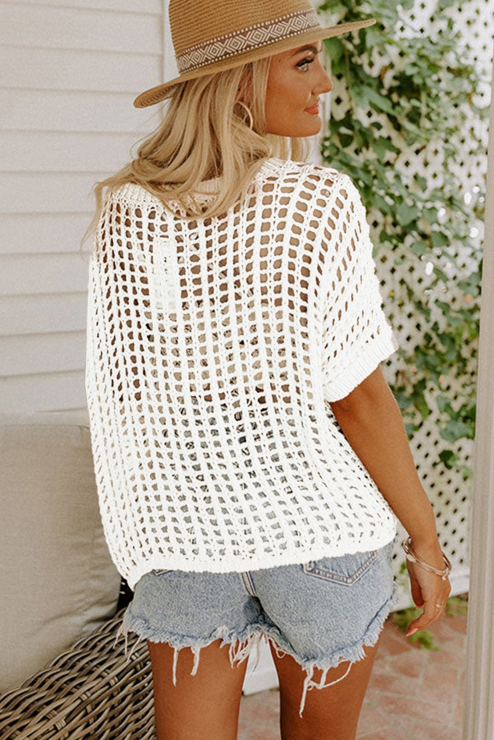 Fishnet Knit Ribbed Round Neck Short Sleeve Tee - Cowtown Bling N Things