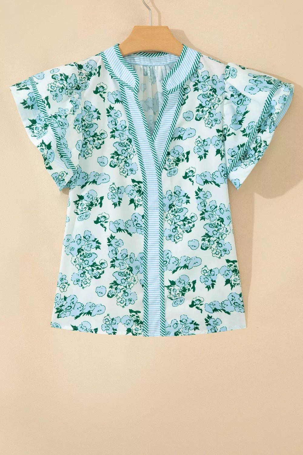 Floral Meets Stripes V Neck Flutter Sleeve Blouse - Cowtown Bling N Things