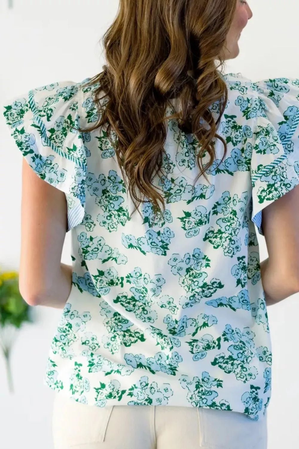 Floral Meets Stripes V Neck Flutter Sleeve Blouse - Cowtown Bling N Things