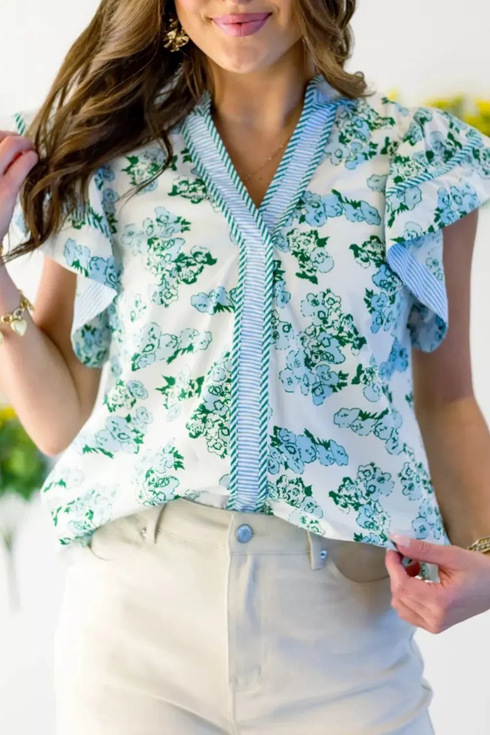 Floral Meets Stripes V Neck Flutter Sleeve Blouse - Cowtown Bling N Things