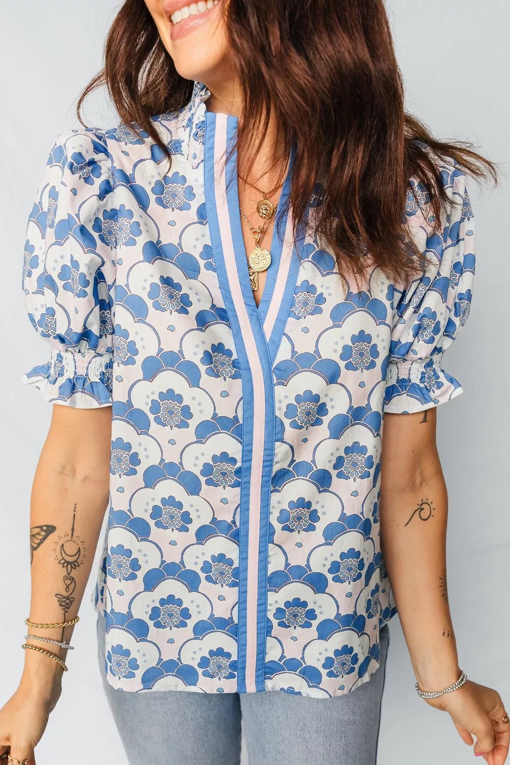Floral Print Puff Sleeve Blouse - Cowtown Bling N Things