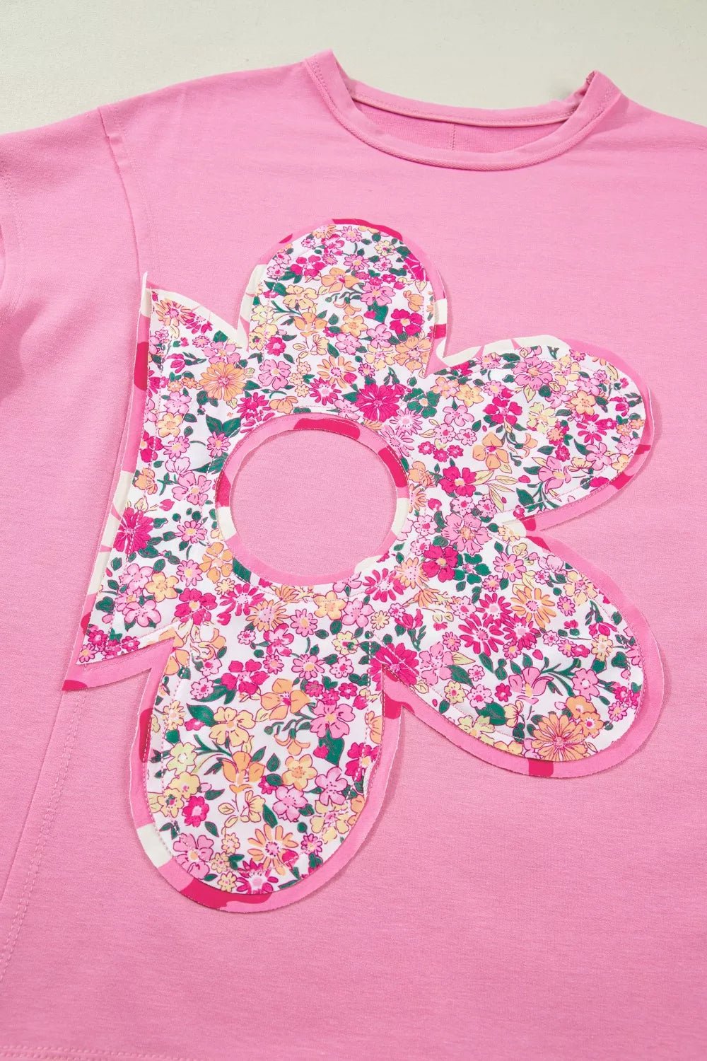 Flower Patched Round Neck Tunic T-Shirt - Cowtown Bling N Things