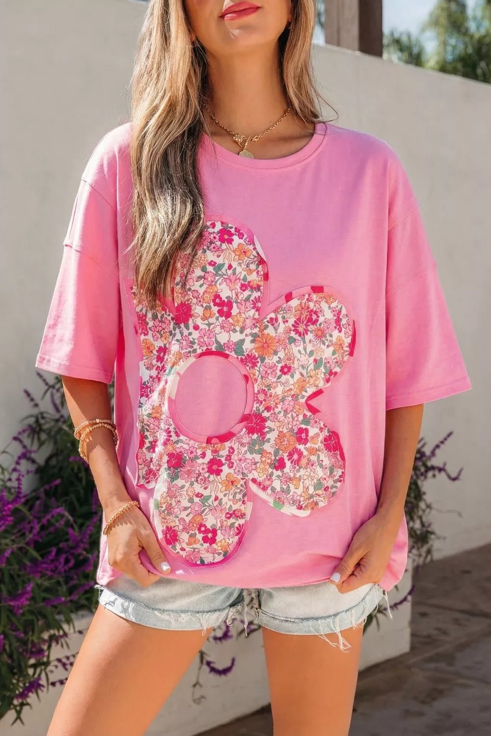 Flower Patched Round Neck Tunic T-Shirt - Cowtown Bling N Things