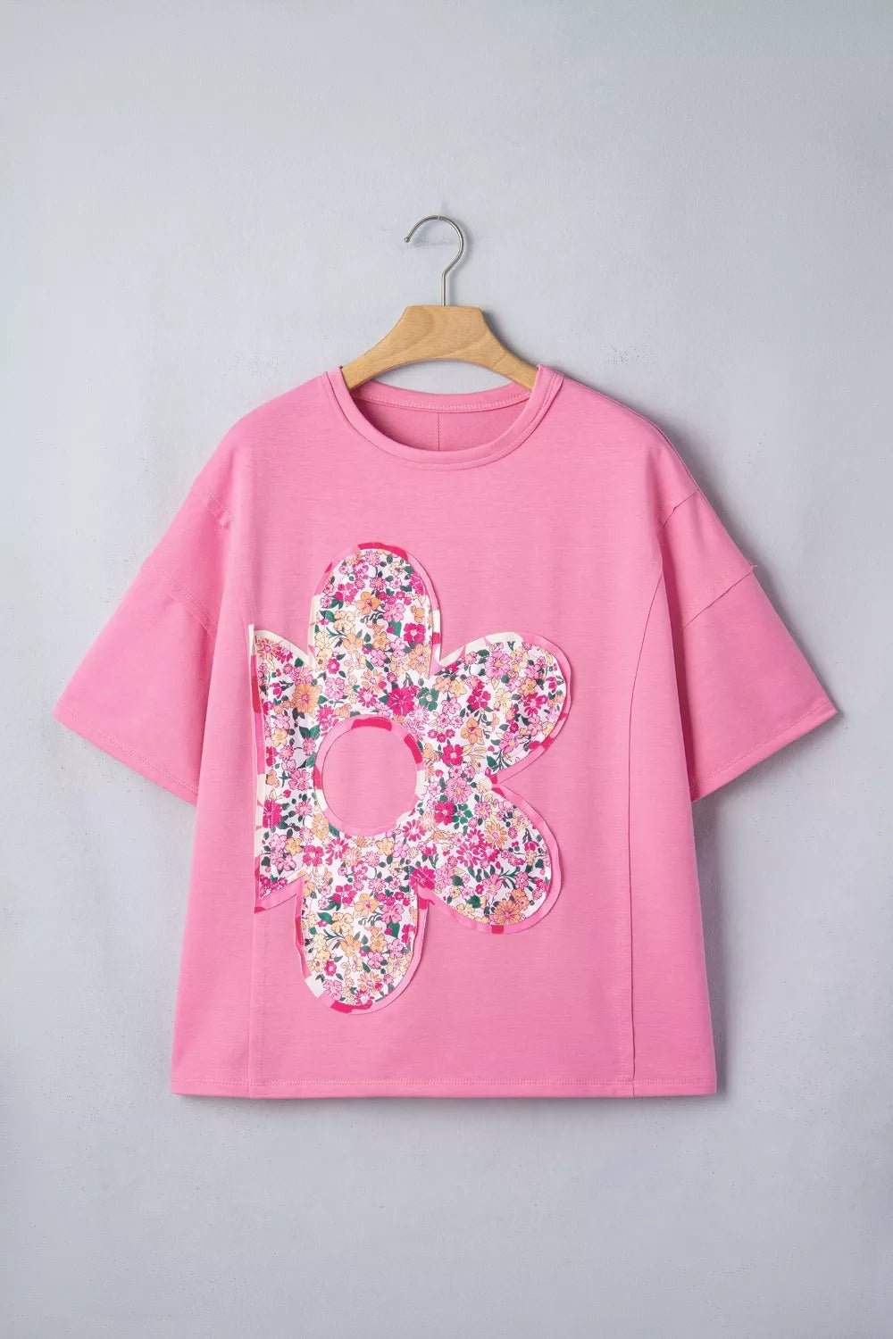Flower Patched Round Neck Tunic T-Shirt - Cowtown Bling N Things