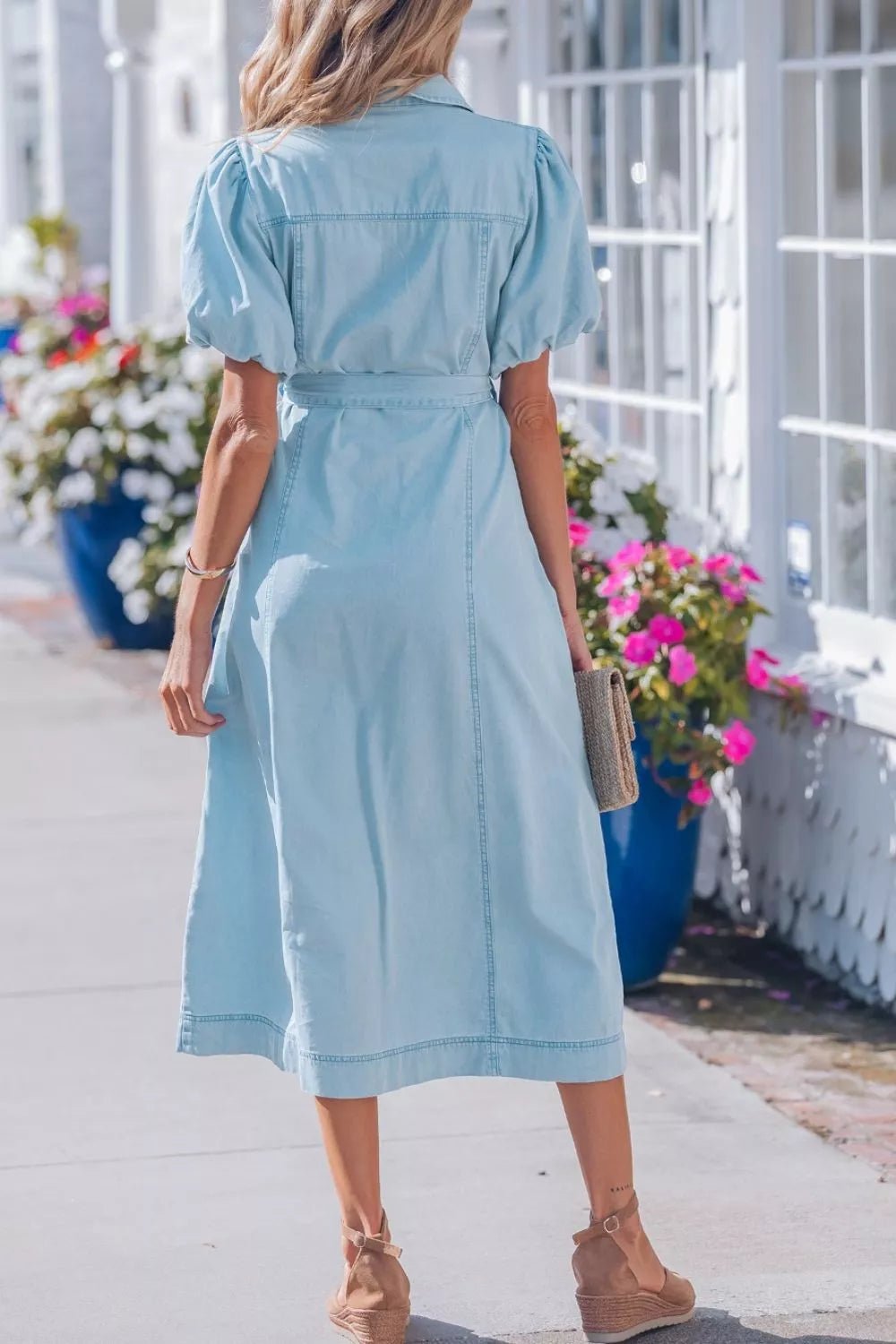 Full Buttons Collared Short Bubble Sleeve Long Denim Dress - Cowtown Bling N Things