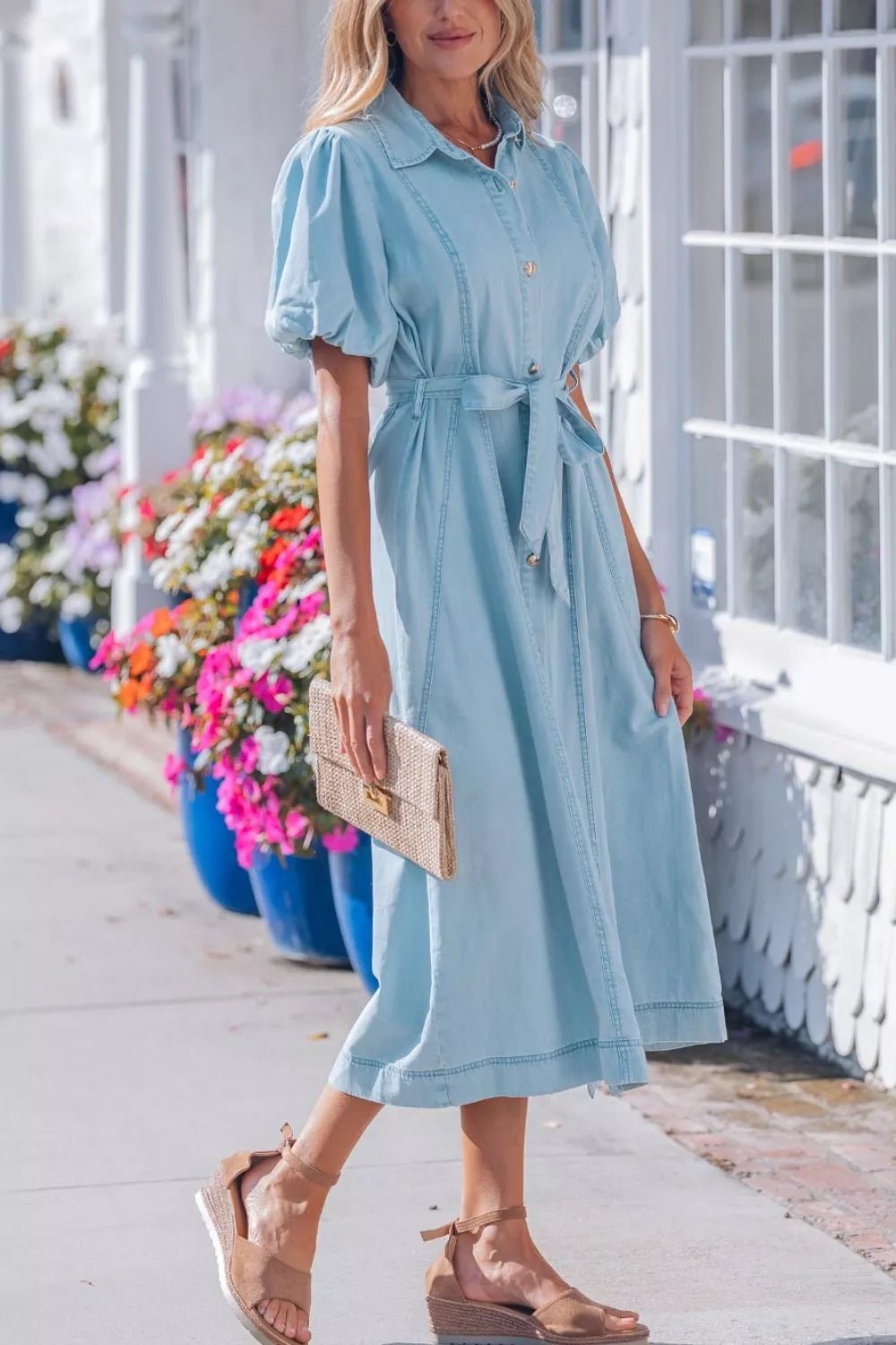 Full Buttons Collared Short Bubble Sleeve Long Denim Dress - Cowtown Bling N Things