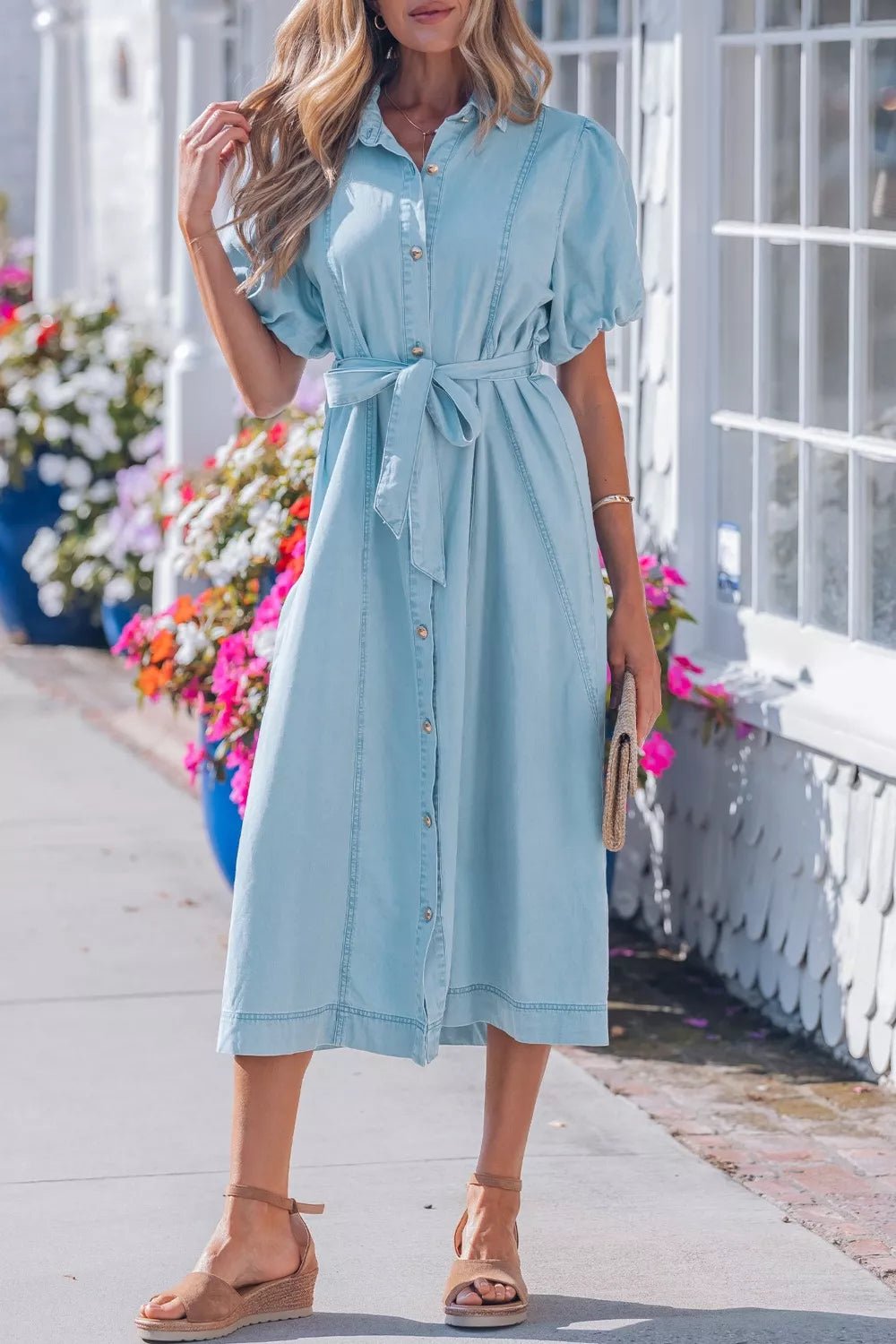 Full Buttons Collared Short Bubble Sleeve Long Denim Dress - Cowtown Bling N Things