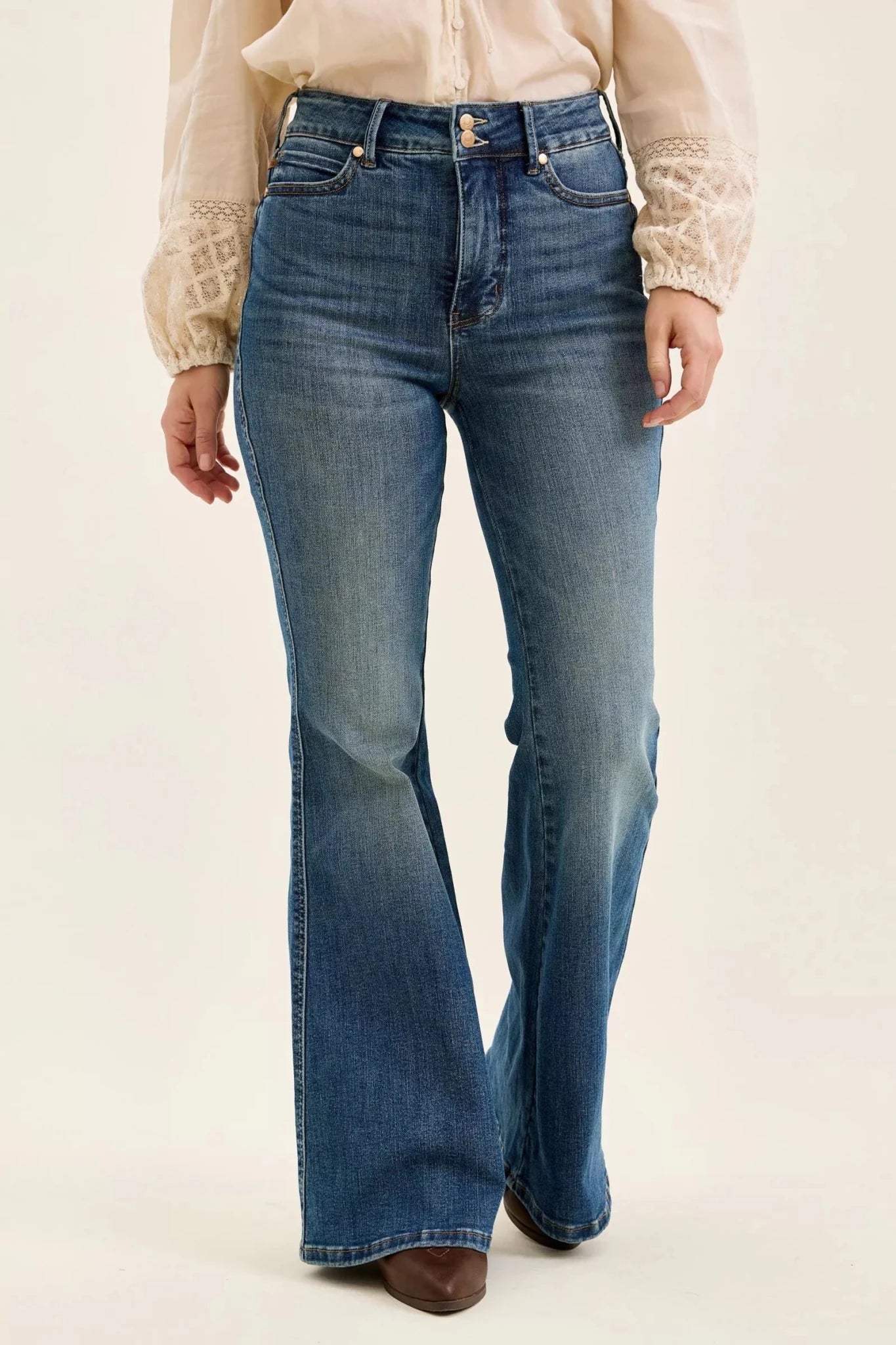 Judy Blue High Waist Double Button Tummy Control Flare Jeans - Cowtown Bling N Things