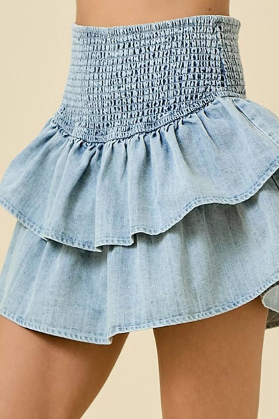 Layered Ruffle Smocked Waist Denim Skirt - Cowtown Bling N Things