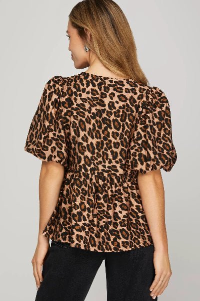 Leopard Print Puff Sleeve Babydoll Top – Bow Tie Front | Cowtown Bling N Things - Cowtown Bling N Things