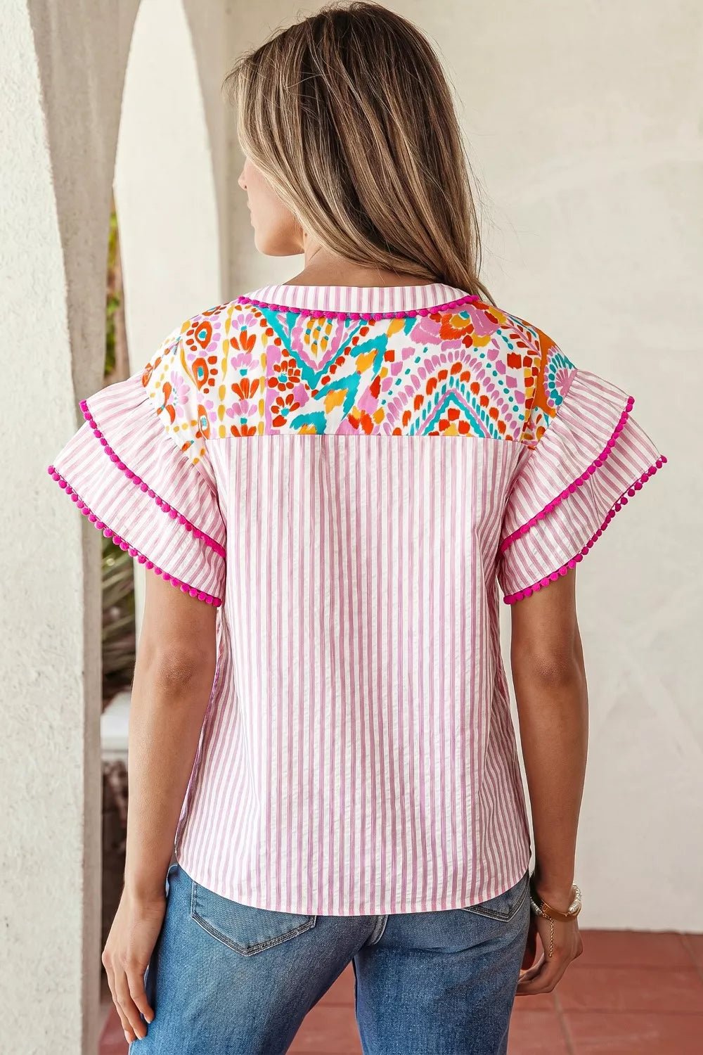 Mixed Print Contrast Trim Striped Patchwork Tiered Short Sleeve Blouse - Cowtown Bling N Things