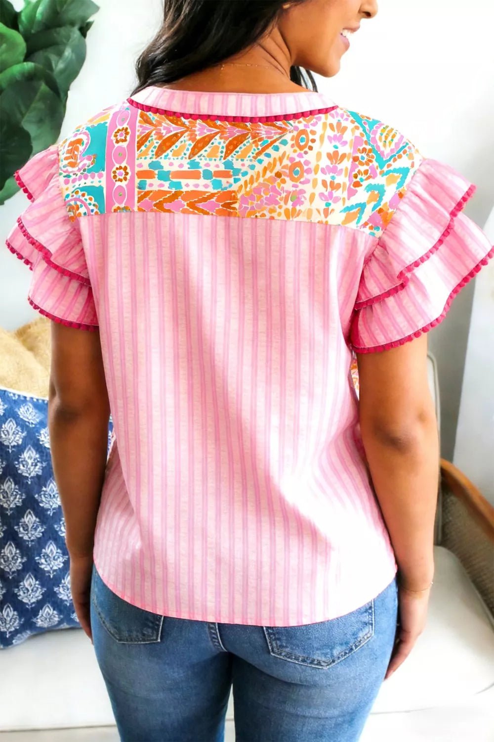 Mixed Print Contrast Trim Striped Patchwork Tiered Short Sleeve Blouse - Cowtown Bling N Things