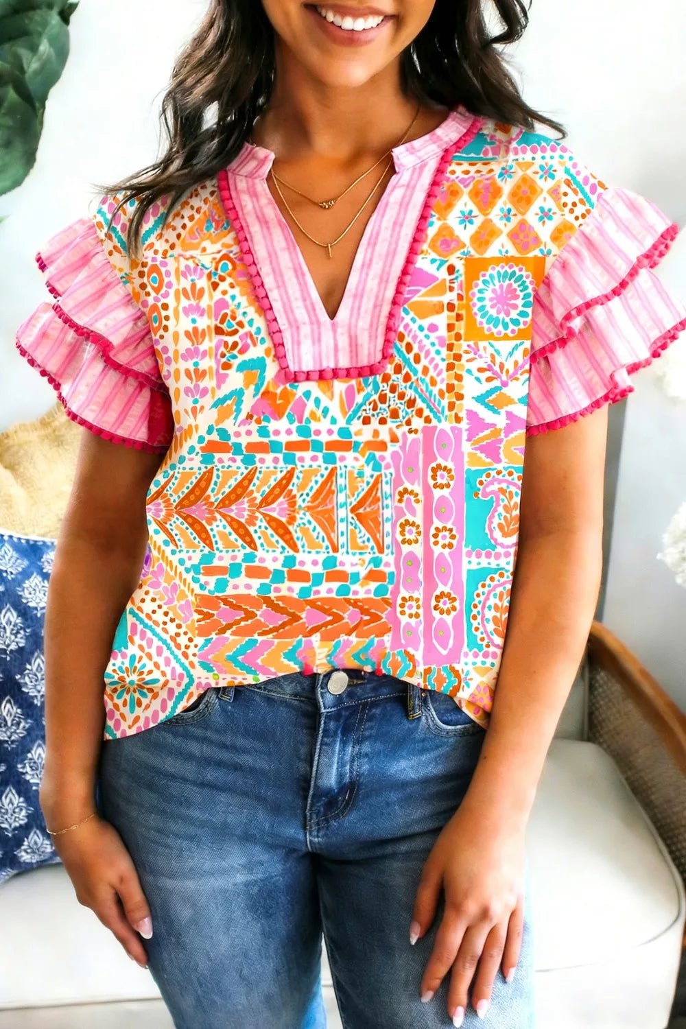 Mixed Print Contrast Trim Striped Patchwork Tiered Short Sleeve Blouse - Cowtown Bling N Things