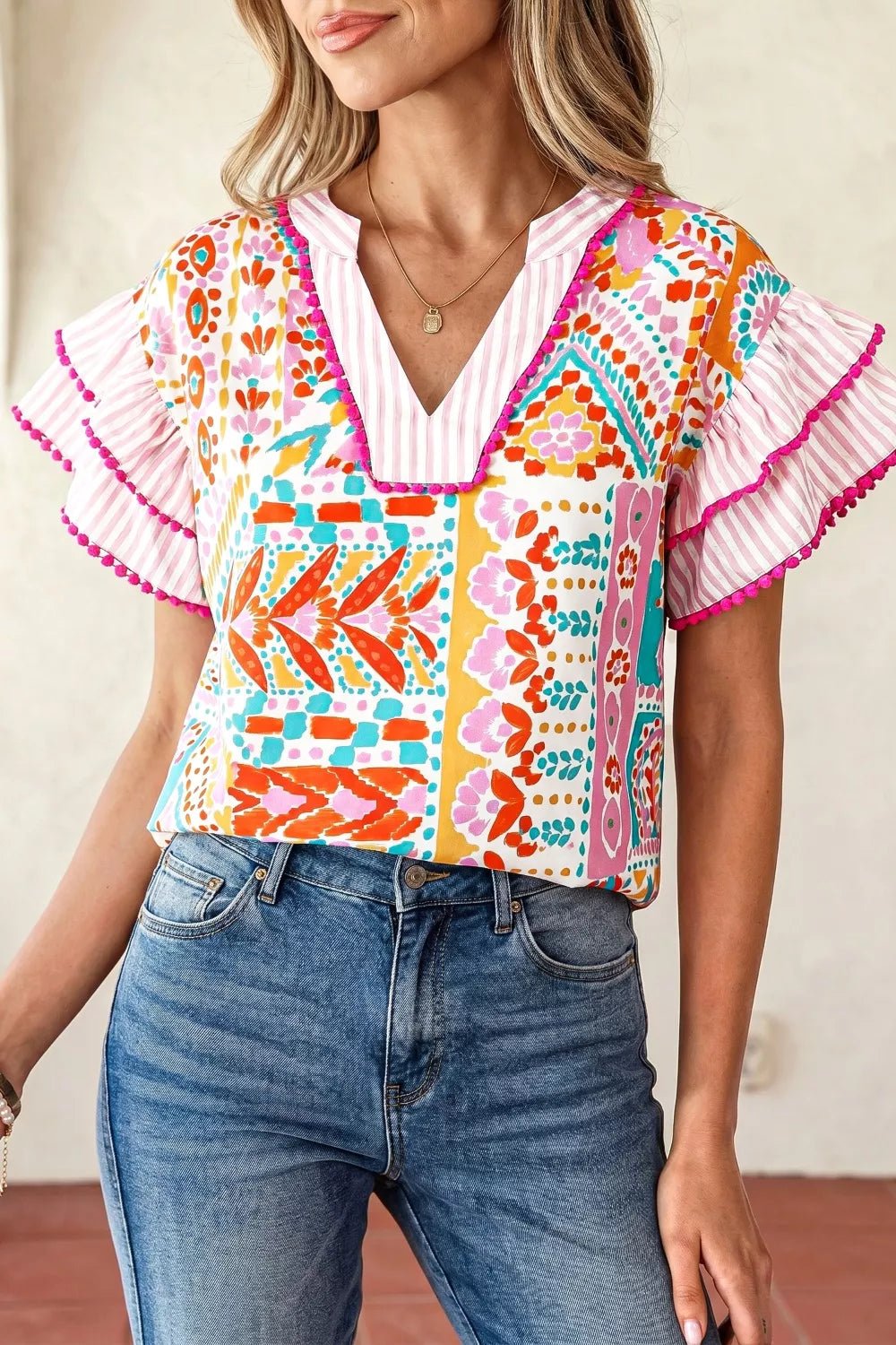 Mixed Print Contrast Trim Striped Patchwork Tiered Short Sleeve Blouse - Cowtown Bling N Things