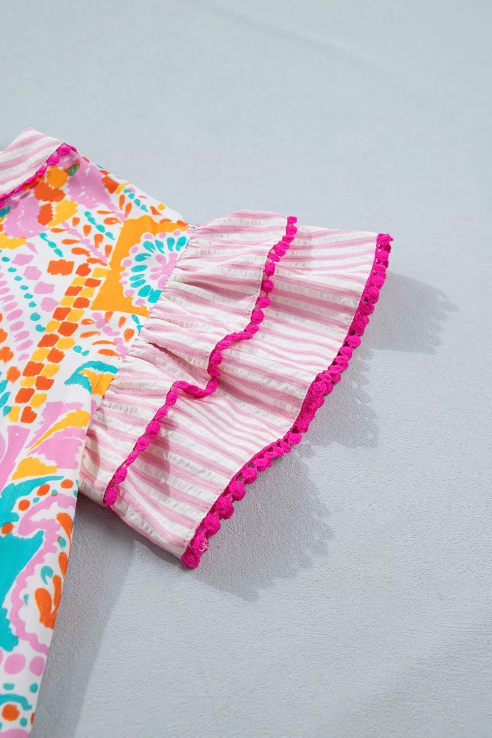 Mixed Print Contrast Trim Striped Patchwork Tiered Short Sleeve Blouse - Cowtown Bling N Things