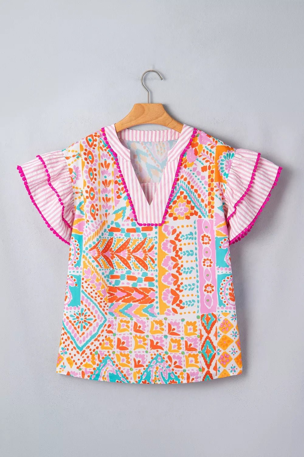 Mixed Print Contrast Trim Striped Patchwork Tiered Short Sleeve Blouse - Cowtown Bling N Things