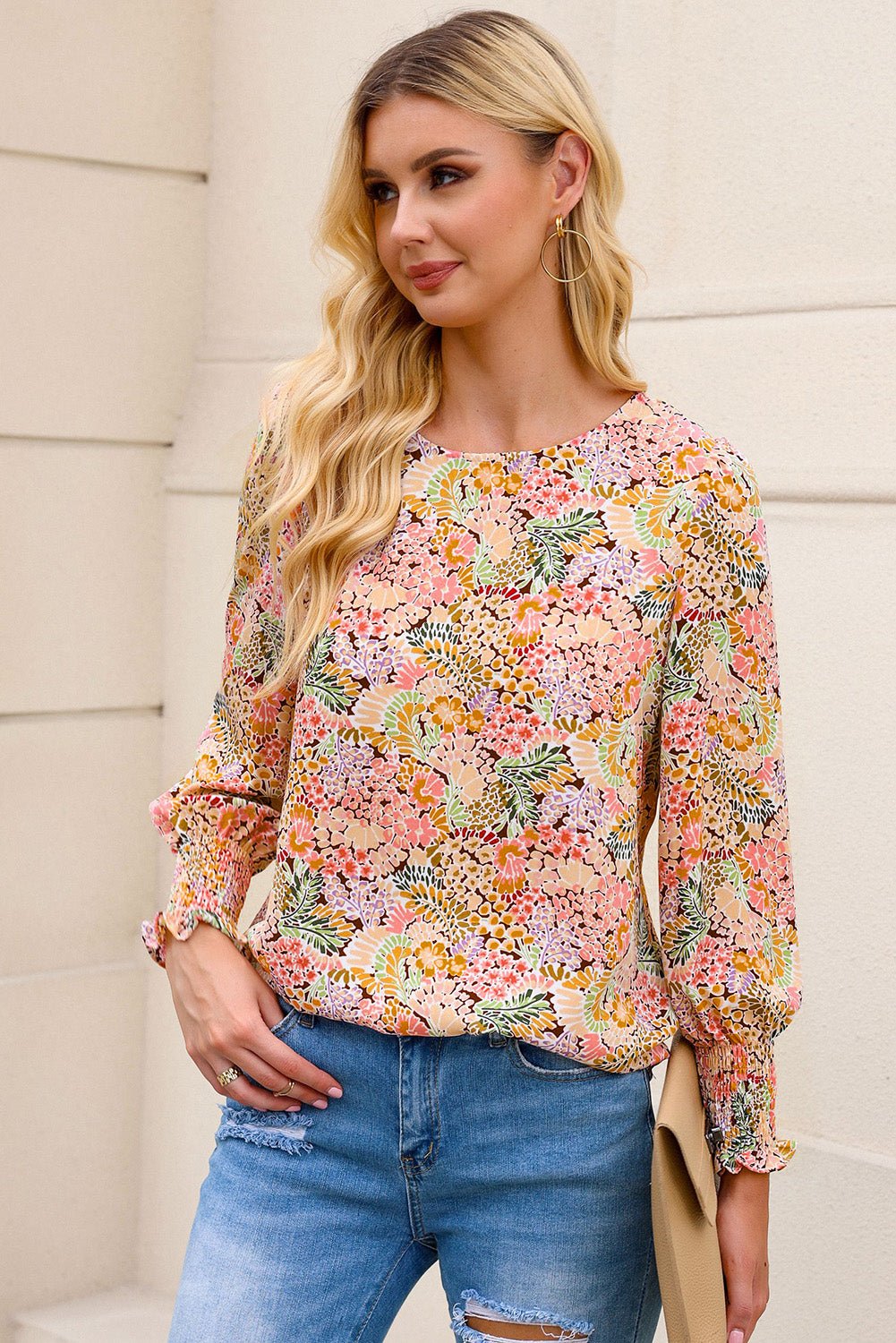 Multicolor Floral Print Smocked Cuffs Long Sleeve Blouse - Cowtown Bling N Things