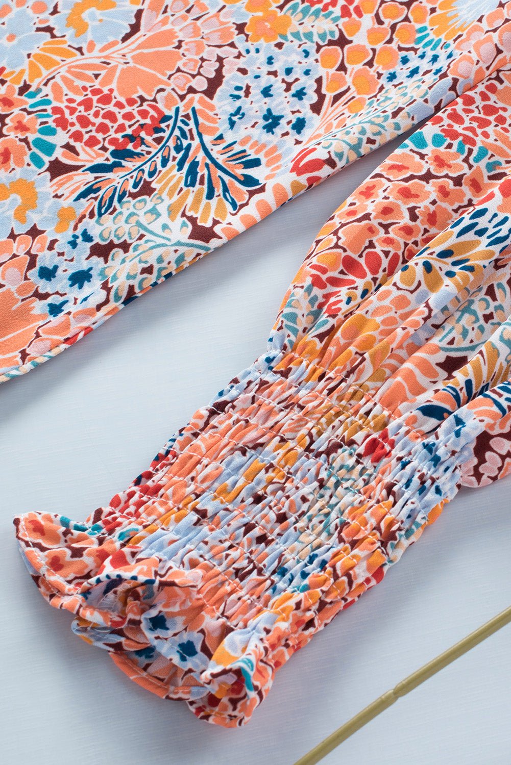 Multicolor Floral Print Smocked Cuffs Long Sleeve Blouse - Cowtown Bling N Things