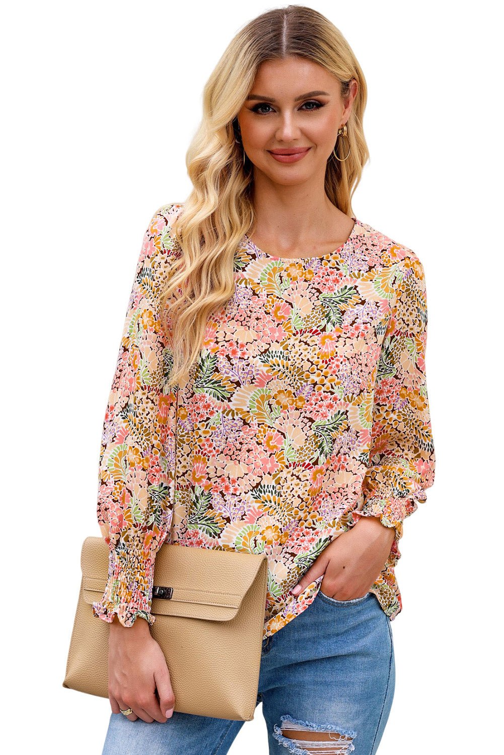 Multicolor Floral Print Smocked Cuffs Long Sleeve Blouse - Cowtown Bling N Things