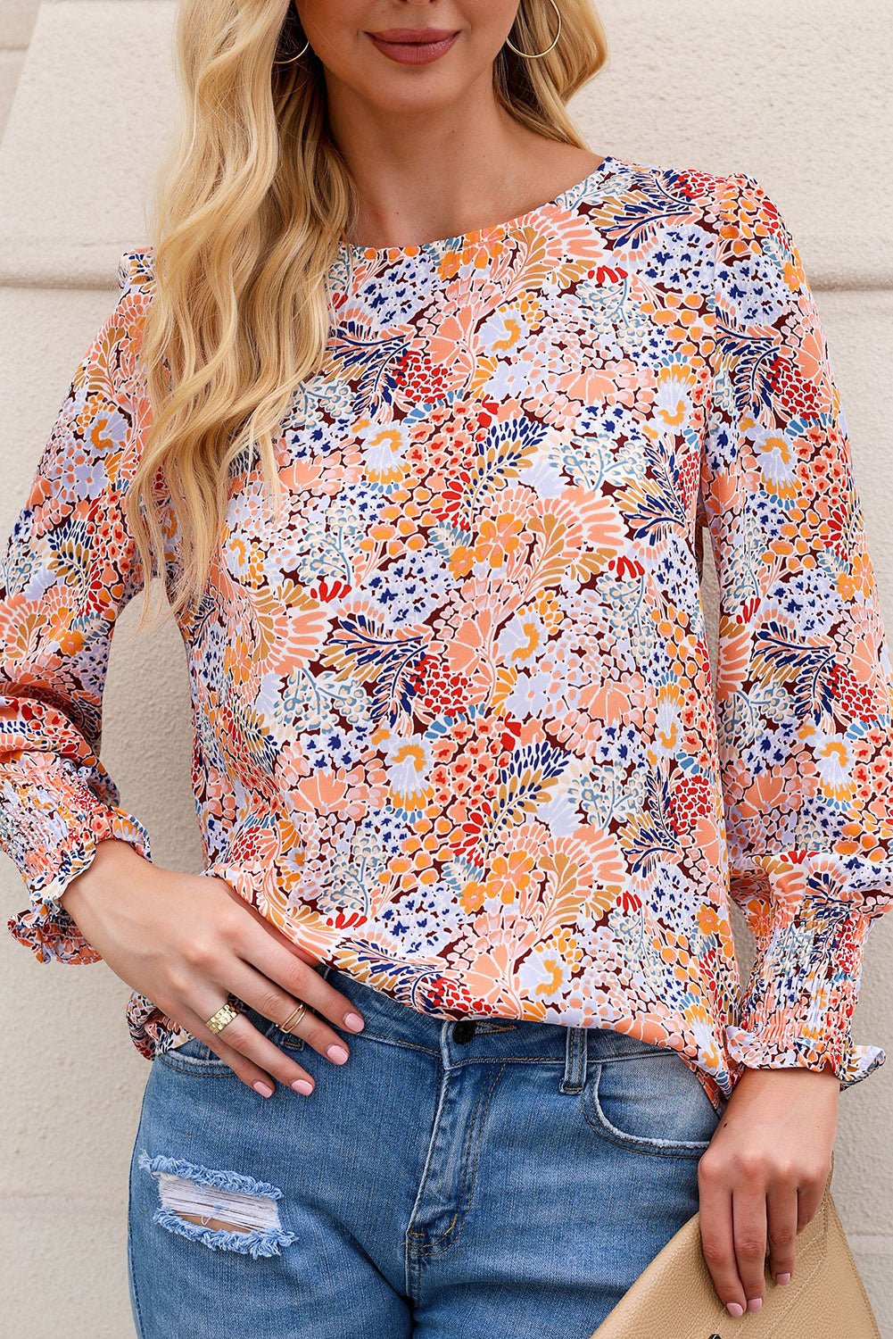 Multicolor Floral Print Smocked Cuffs Long Sleeve Blouse - Cowtown Bling N Things