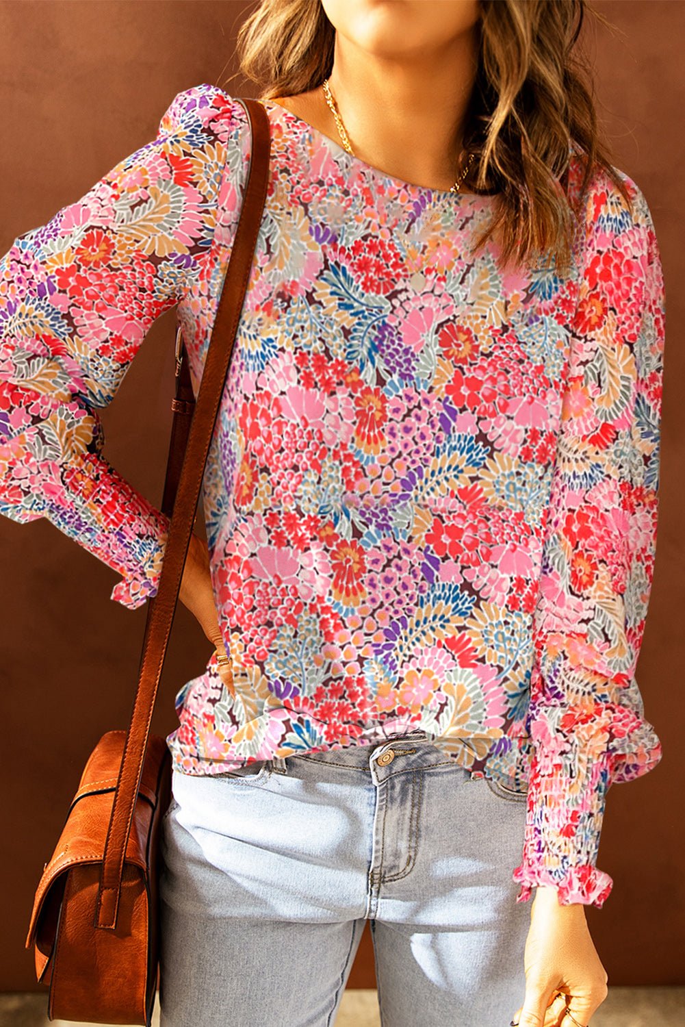 Multicolor Floral Print Smocked Cuffs Long Sleeve Blouse - Cowtown Bling N Things