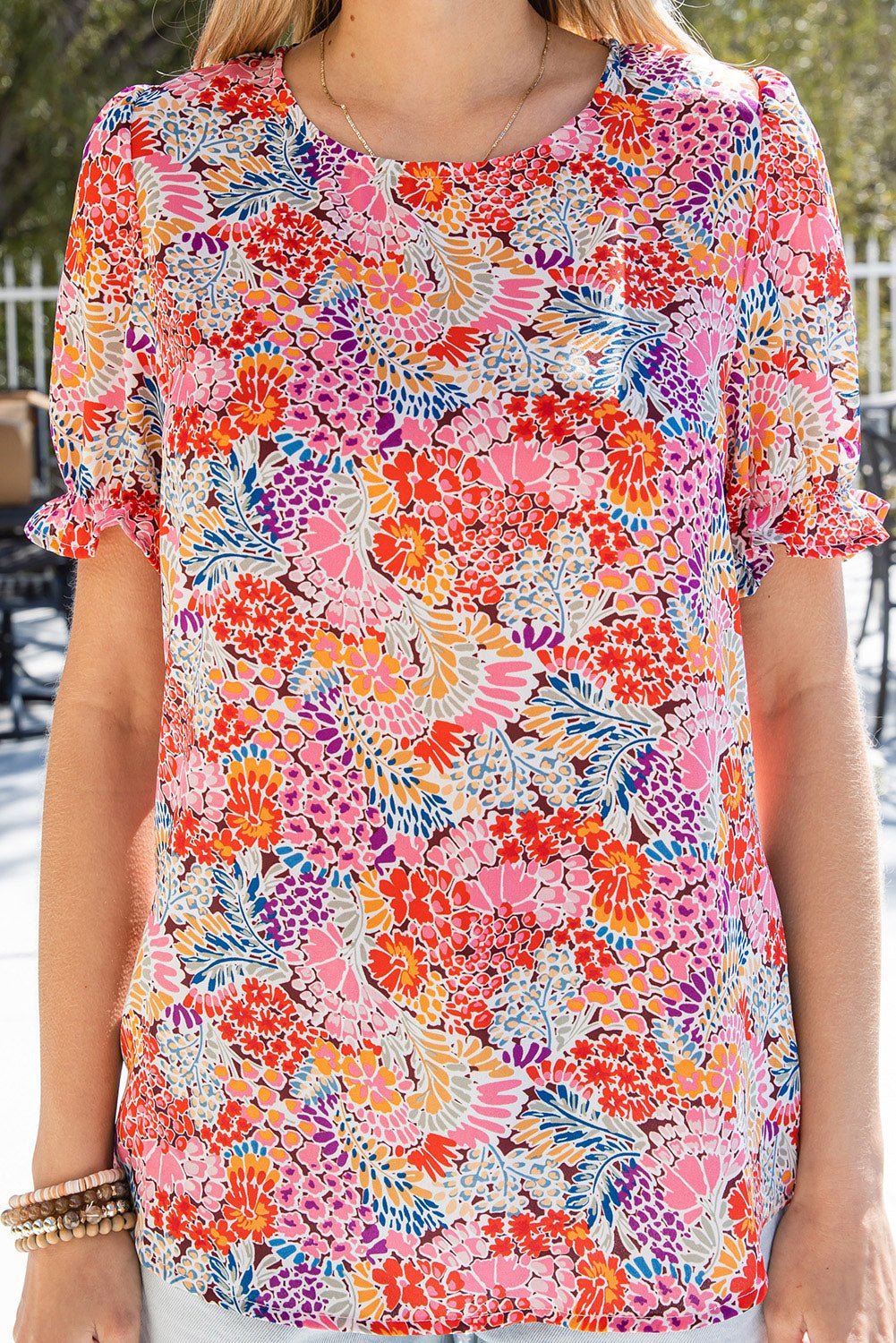 Multicolor Floral Print Smocked Cuffs Long Sleeve Blouse - Cowtown Bling N Things