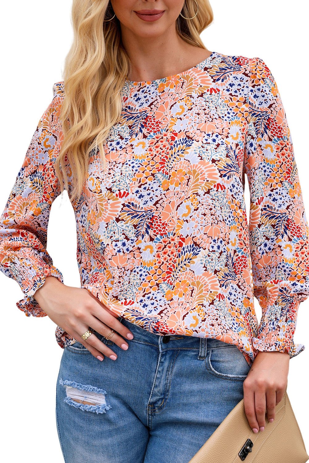 Multicolor Floral Print Smocked Cuffs Long Sleeve Blouse - Cowtown Bling N Things