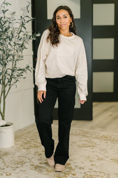 One Eleven North Petal Poise Floral Applique Pullover in Neutral - Cowtown Bling N Things