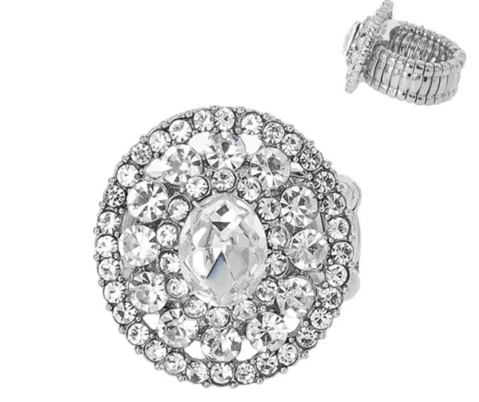 Oval Rhinestone w/ Rhinestone Cluster Halo Stretch Ring - Cowtown Bling N Things