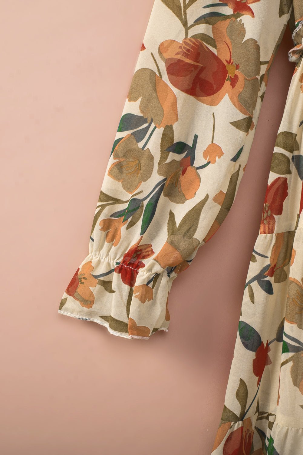 Pastel Red Floral Print Ruffle Trim Plunge Neckline Maxi Dress - Cowtown Bling N Things