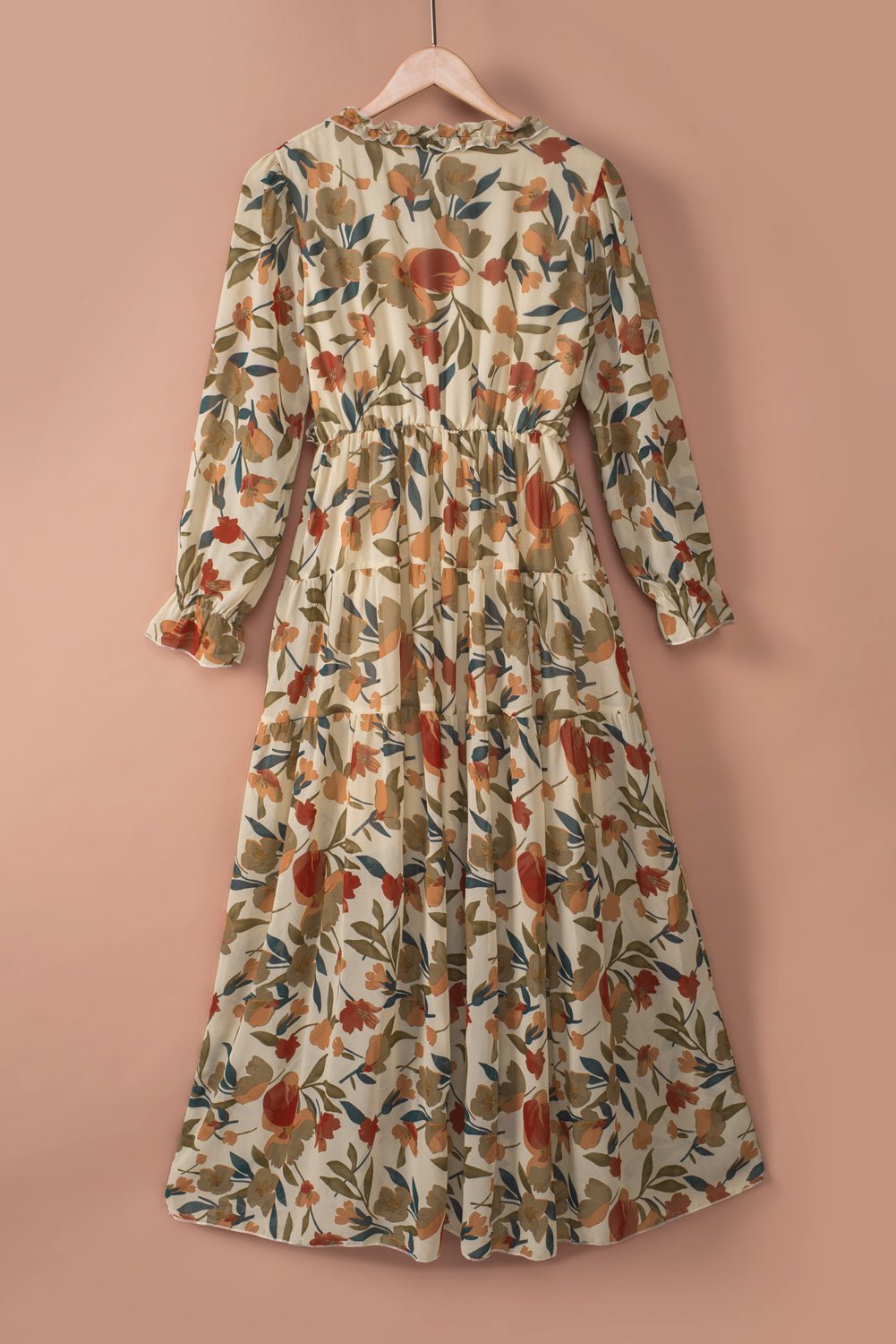 Pastel Red Floral Print Ruffle Trim Plunge Neckline Maxi Dress - Cowtown Bling N Things