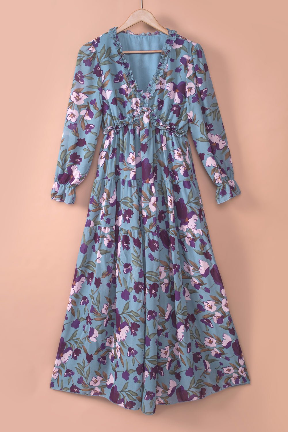 Pastel Red Floral Print Ruffle Trim Plunge Neckline Maxi Dress - Cowtown Bling N Things