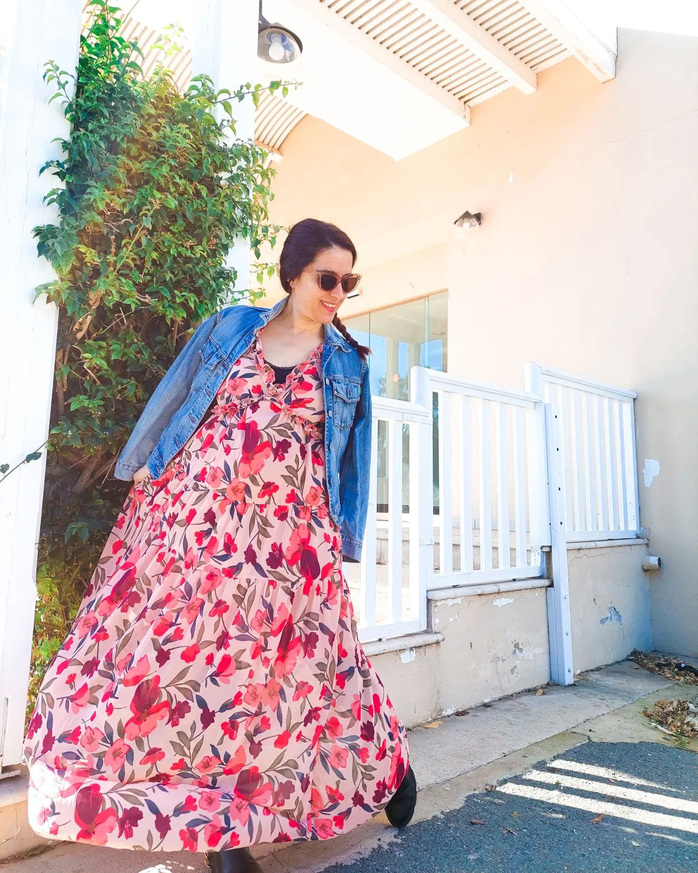 Pastel Red Floral Print Ruffle Trim Plunge Neckline Maxi Dress - Cowtown Bling N Things