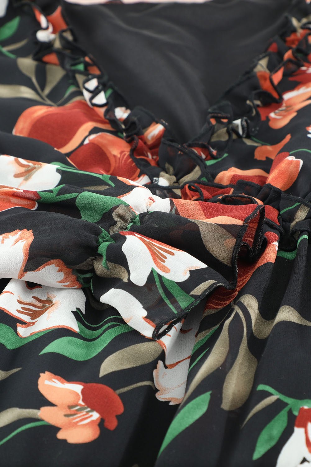 Pastel Red Floral Print Ruffle Trim Plunge Neckline Maxi Dress - Cowtown Bling N Things