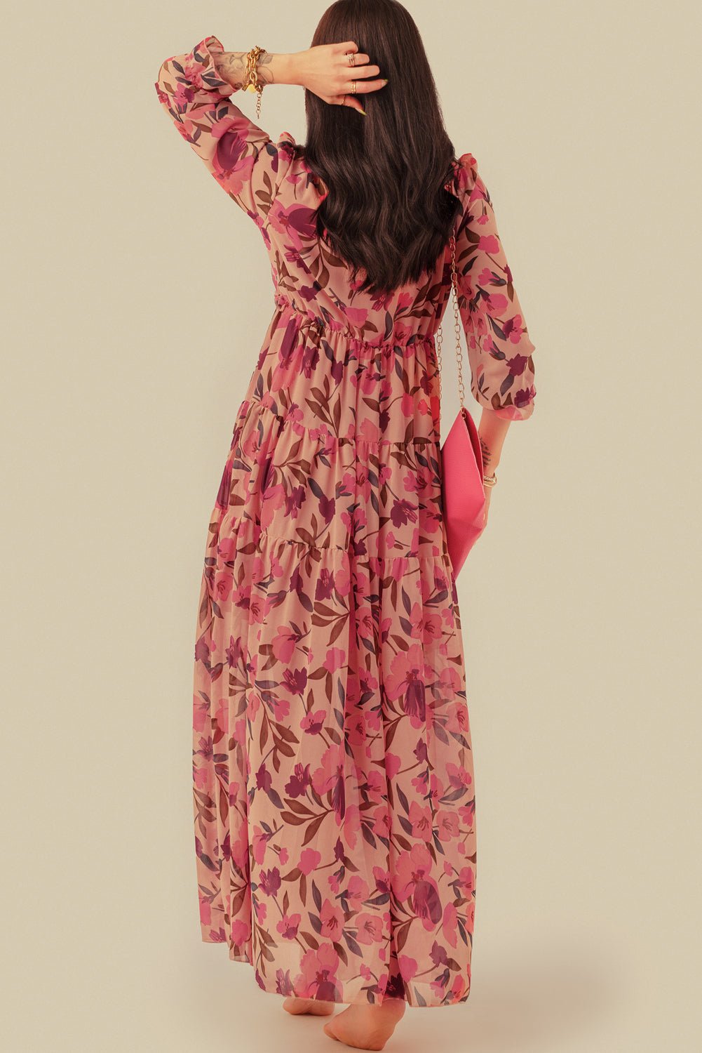 Pastel Red Floral Print Ruffle Trim Plunge Neckline Maxi Dress - Cowtown Bling N Things