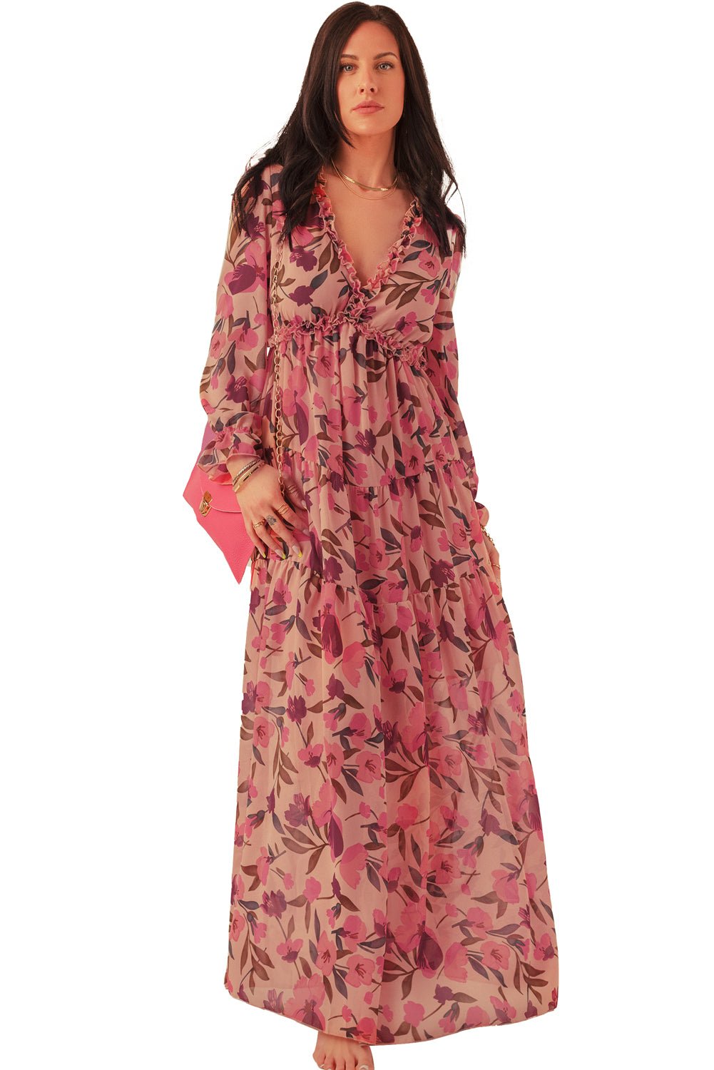 Pastel Red Floral Print Ruffle Trim Plunge Neckline Maxi Dress - Cowtown Bling N Things