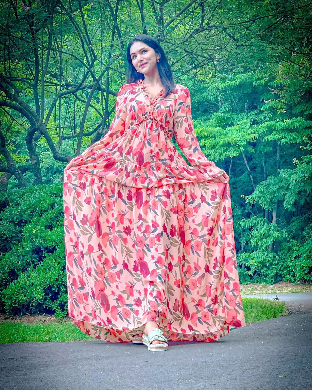 Pastel Red Floral Print Ruffle Trim Plunge Neckline Maxi Dress - Cowtown Bling N Things